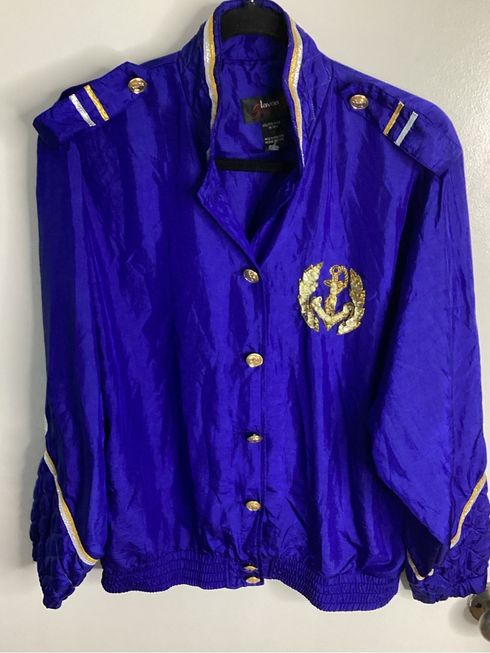 Vintage 90s Navy Blue Nautical Crest with Gold Trim Windbreaker S/M/L